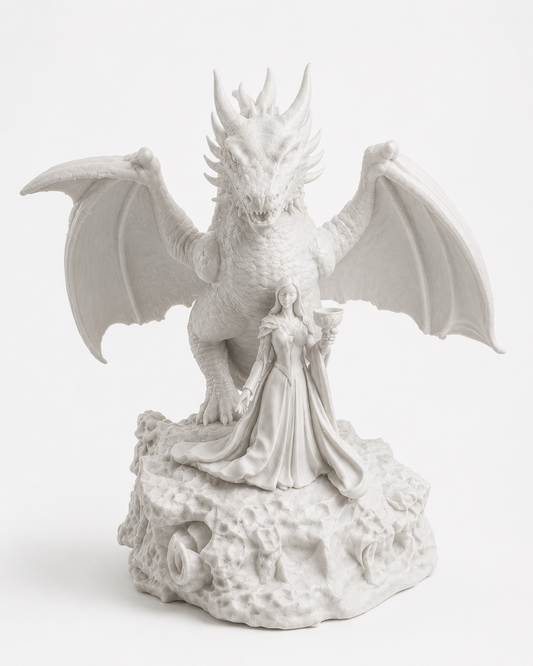 Unpainted 3D printed red dragon and sorceress figure kit, 180mm fantasy statue to paint