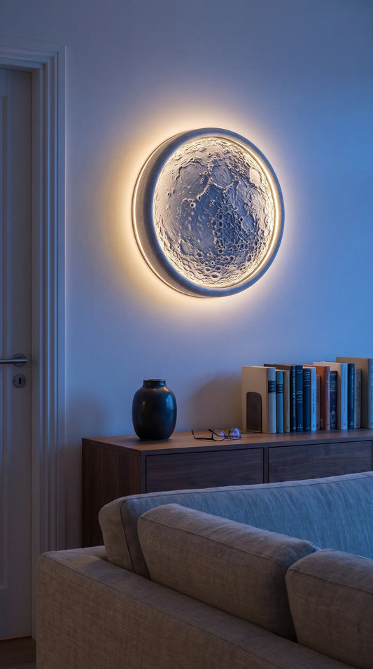Pasithea illuminated moon wall art by Meou in a living room